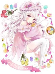 Rule 34 | 1girl, absurdres, animal, animal ears, bad id, bad pixiv id, bare shoulders, basket, bird, blush, brown footwear, chick, commentary, covered mouth, easter, easter egg, egg, fake animal ears, flower, full body, highres, holding, long hair, long sleeves, looking at viewer, original, pennant, puffy long sleeves, puffy sleeves, purple flower, rabbit, rabbit ears, red eyes, red flower, shoes, silver hair, simple background, sleeves past wrists, solo, string of flags, symbol-only commentary, thighhighs, tsukiyo (skymint), tulip, very long hair, white background, white thighhighs