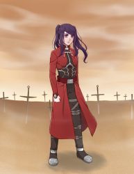 Rule 34 | 1girl, archer (fate), archer (fate) (cosplay), cosplay, fate/grand order, fate (series), highres, jill stingray, long hair, long sleeves, looking at viewer, armored boots, ookaerin, ponytail, purple hair, red eyes, serious, solo, swept bangs, sword, tagme, unlimited blade works (fate), va-11 hall-a, weapon