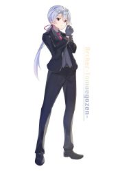 Rule 34 | 1girl, adjusting clothes, adjusting gloves, black footwear, black gloves, black suit, character name, commentary request, crossdressing, fate/grand order, fate (series), formal, frown, gloves, hair between eyes, hair ribbon, highres, long hair, low ponytail, necktie, red eyes, red necktie, red ribbon, reverse trap, ribbon, silver hair, simple background, solo, suit, tapioka (oekakitapioka), tomoe gozen (fate), white background