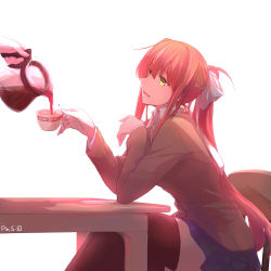 Rule 34 | 2girls, absurdres, artist name, blue skirt, bow, brown hair, chair, coffee, coffee mug, coffee pot, cup, doki doki literature club, elbows on table, green eyes, highres, long hair, looking at another, looking to the side, monika (doki doki literature club), mug, multiple girls, open mouth, out of frame, pin.s, ponytail, pouring, saucer, school uniform, sitting, skirt, smile, solo focus, speech bubble, table, thighhighs, venus symbol, very long hair, yuri