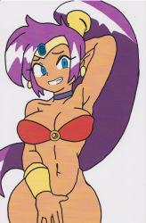 Rule 34 | armpits, blue eyes, bottomless, breasts, cleavage, covering privates, covering crotch, earrings, embarrassed, highres, jewelry, large breasts, long hair, looking at viewer, pointy ears, purple hair, shantae, shantae (series), smile, sweat, very long hair, wayforward