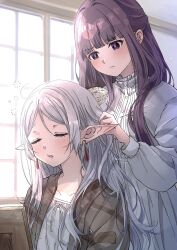 Rule 34 | 2girls, black jacket, blush, brushing hair, cheek bulge, closed eyes, collar, collarbone, dress, ear piercing, fern (sousou no frieren), frieren, frilled collar, frills, grey hair, hair brush, highres, indoors, jacket, long hair, long sleeves, looking at another, multiple girls, omichi 1219, open mouth, picture frame, piercing, pointy ears, puffy sleeves, purple eyes, purple hair, sleepy, sousou no frieren, squeans, upper body, white dress, window