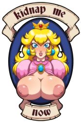Rule 34 | 1girl, blonde hair, blue eyes, breasts, breasts out, crown, demien, earrings, hard-translated, jewelry, large breasts, mario (series), nintendo, nipples, open clothes, princess, princess peach, super mario bros. 1, third-party edit, translated
