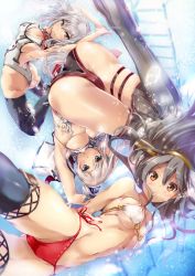 Rule 34 | 10s, 3girls, adapted costume, armadillo-tokage, ass, back, back cutout, bikini, black hair, black legwear, blue eyes, breasts, brown eyes, bubble, cleavage, clothing cutout, covered erect nipples, graf zeppelin (kancolle), grey legwear, haruna (kancolle), headgear, highres, kantai collection, kashima (kancolle), long hair, looking at viewer, multiple girls, navel, one-piece swimsuit, parted lips, silver hair, smile, swimsuit, twintails, underboob, underwater