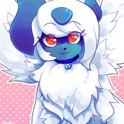 Rule 34 | :3, absol, animal focus, artist name, bad deviantart id, bad id, bright pupils, closed mouth, collar, creatures (company), eyes visible through hair, feathered wings, fluffy, fur collar, game freak, gen 3 pokemon, happy, leshenz, looking at viewer, mega absol, mega pokemon, mega stone, nintendo, no humans, outline, pink background, pokemon, pokemon (creature), polka dot, polka dot background, red eyes, sidelocks, signature, simple background, smile, solo, split mouth, swept bangs, upper body, white hair, white outline, white pupils, white wings, wings