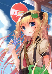Rule 34 | 1girl, ahoge, animal bag, bag, black hairband, black scrunchie, black skirt, blonde hair, blue eyes, blue sky, blush, bottle, brand name imitation, brown shirt, cloud, cloudy sky, collared shirt, commentary request, day, dress shirt, fang, frog hair ornament, hair between eyes, hair ornament, hair scrunchie, hairband, highres, holding, holding bottle, long hair, looking at viewer, necktie, open mouth, original, outdoors, pocari sweat, red necktie, road sign, scrunchie, shirt, short sleeves, shoulder bag, sidelocks, sign, skirt, sky, solar milk, solo, suspender skirt, suspenders, sweat, two side up, upper body, very long hair, water bottle