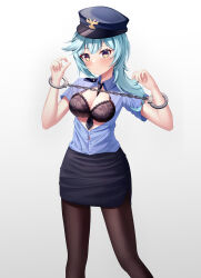 Rule 34 | 1girl, 29hyeon, absurdres, aqua hair, between breasts, black bra, black necktie, black pantyhose, black skirt, blue shirt, blue sleeves, bra, breasts, breasts out, closed mouth, commentary request, cuffs, curled fingers, dot nose, dress shirt, eula (genshin impact), genshin impact, handcuffs, hands up, hat, highres, lace, lace-trimmed bra, lace trim, legs apart, long hair, looking at viewer, medium breasts, necktie, necktie between breasts, open clothes, open shirt, pantyhose, police, police hat, police uniform, policewoman, shackles, shirt, short sleeves, simple background, skirt, solo, underwear, uniform, white background, yellow eyes