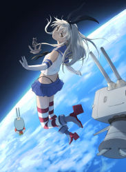 Rule 34 | 10s, 1girl, anchor, anchor hair ornament, bare shoulders, black panties, blonde hair, brown eyes, crop top, earth (planet), elbow gloves, floating hair, from behind, gloves, hair ornament, hair ribbon, hairband, highleg, highleg panties, highres, kantai collection, long hair, looking back, microskirt, panties, planet, rensouhou-chan, ribbon, sailor collar, shimakaze (kancolle), skirt, solo, space, striped clothes, striped thighhighs, thighhighs, thong, underwear, white gloves, youmak