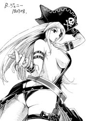 Rule 34 | 1girl, arm up, artist request, ass, breasts, butt crack, dress, eyepatch, fatal fury, gluteal fold, hat, huge ass, jenet behrn, large breasts, lipstick, long hair, looking at viewer, looking back, makeup, monochrome, no bra, parted lips, pirate, pirate hat, sideboob, snk, solo, the king of fighters, thong