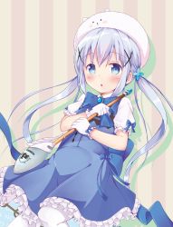 Rule 34 | 1girl, :o, adapted costume, alternate hairstyle, blue bow, blue bowtie, blue dress, blue eyes, blue hair, blush, bow, bowtie, brooch, character hat, chestnut mouth, commentary request, dress, flat chest, flower, frilled dress, frills, gloves, gochuumon wa usagi desu ka?, hair flower, hair ornament, hat, highres, holding, holding staff, jewelry, kafuu chino, light blue hair, long hair, looking at viewer, magical girl, open mouth, pantyhose, puffy short sleeves, puffy sleeves, saiden (konekobotan), shadow, shirt, short sleeves, sidelocks, solo, staff, striped, striped background, tippy (gochiusa), twintails, two-tone background, undershirt, vertical stripes, very long hair, white gloves, white hat, white pantyhose, white shirt, x hair ornament