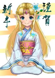 Rule 34 | 1girl, alternate costume, blonde hair, blue eyes, closed mouth, earrings, floral print, gem, hair intakes, japanese clothes, jewelry, kimono, long hair, long sleeves, looking at viewer, new year, nintendo, obi, pointy ears, princess zelda, sash, sitting, smile, solo, straight hair, the legend of zelda, the legend of zelda: a link between worlds, tiara, triforce, wariza, watanuki (0000861884), white kimono, wide sleeves