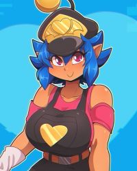 Rule 34 | 1girl, black headwear, blue hair, blush, borrowed character, breasts, closed mouth, dark-skinned female, dark skin, emi (twistedgrim), heart, highres, large breasts, long hair, original, overalls, pink eyes, pink shirt, pointy ears, ryou sakai, shirt, short hair, smile, solo, thick thighs, thighs