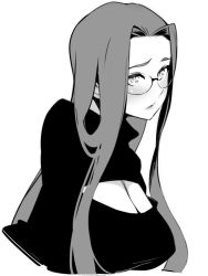 Rule 34 | 1girl, blush, breasts, cleavage cutout, clothing cutout, fate/stay night, fate (series), glasses, greyscale, large breasts, long hair, medusa (fate), medusa (rider) (fate), meme attire, monochrome, open-chest sweater, sagging breasts, simple background, sketch, solo, square pupils, sweater, upper body, white background, yurikawa