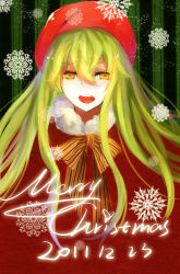 Rule 34 | 1boy, androgynous, bow, christmas, dated, english text, enkidu (fate), fate/strange fake, fate (series), green hair, hat, kzclover, male focus, santa hat, snowflakes, solo, trap, yellow eyes