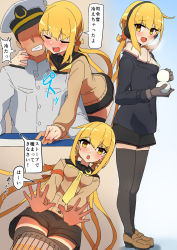 Rule 34 | 1boy, 1girl, admiral (kancolle), black coat, black hair, black sailor collar, black skirt, black thighhighs, blonde hair, blush, brown cardigan, brown footwear, brown gloves, buttons, cardigan, clenched teeth, closed eyes, coat, comala (komma la), crescent, crescent pin, gloves, hair between eyes, hat, highres, holding, holding snowman, kantai collection, loafers, long hair, long sleeves, low twintails, military, military uniform, multiple views, naval uniform, neckerchief, open mouth, peaked cap, sailor collar, satsuki (kancolle), satsuki kai ni (kancolle), shoes, short shorts, shorts, skirt, smile, snow, snowman, speech bubble, teeth, thighhighs, translation request, twintails, uniform, white headwear, yellow eyes, yellow neckerchief