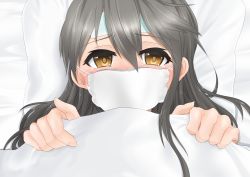 Rule 34 | 10s, 1girl, bandaged head, bandages, bed, bed sheet, black hair, blush, brown eyes, cold pack, decadencelibido, from above, hair between eyes, haruna (kancolle), himeoka yuki, indoors, kantai collection, long hair, lying, mask, mouth mask, nose blush, on back, pillow, portrait, raised eyebrows, sheet grab, sick, solo, surgical mask, tears, under covers