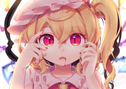 Rule 34 | 1girl, absurdres, blonde hair, blood, blood from mouth, commentary request, crystal, fangs, flandre scarlet, frilled shirt collar, frills, gunjou row, hands up, hat, highres, long hair, looking at viewer, mob cap, nail polish, one side up, open mouth, portrait, puffy short sleeves, puffy sleeves, red eyes, red nails, red vest, short sleeves, simple background, slit pupils, solo, touhou, vest, white background, white hat, wings, yellow neckwear