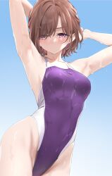 Rule 34 | 1girl, arm up, armpits, arms behind head, arms up, blue sky, breasts, closed mouth, collarbone, commentary request, day, highleg, highleg swimsuit, highres, higuchi madoka, idolmaster, idolmaster shiny colors, looking at viewer, medium breasts, mole, mole under eye, one-piece swimsuit, parted bangs, purple eyes, purple one-piece swimsuit, red hair, short hair, sky, solo, swimsuit, wet, wet clothes, wet swimsuit, yd (orange maru)
