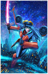 Rule 34 | 1girl, autobot, blue eyes, breasts, building, cityscape, cybertron, energy, energy sword, hand fan, flying, geisha, glowing, glowing eyes, jumping, lights, lips, makeup, mecha, realistic, redesign, robot, science fiction, serious, signature, sky, star (sky), starry sky, sword, transformers, transformers prime, valzonline, watermark, weapon, windblade