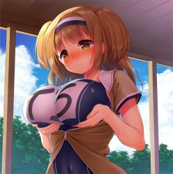 Rule 34 | 10s, 1girl, blush, breast lift, breasts, brown eyes, cloud, cloudy sky, covered erect nipples, day, hairband, i-26 (kancolle), kantai collection, large breasts, light brown hair, long hair, minami (apricot tea), nose blush, school swimsuit, sky, solo, swimsuit, two-tone hairband, two side up, upper body, wavy mouth