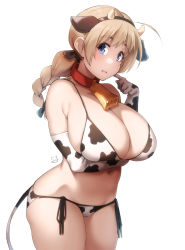 Rule 34 | 1girl, animal ears, animal print, arm under breasts, bare shoulders, bell, bikini, black bow, blonde hair, blue eyes, bow, braid, breasts, cat, cleavage, collar, cow ears, cow horns, cow print, cow tail, cowbell, cowboy shot, elbow gloves, fake animal ears, fake horns, gloves, hair bow, hair ornament, hand up, highres, horns, huge breasts, kuronyan, long hair, looking at viewer, lynette bishop, navel, open mouth, red collar, side-tie bikini bottom, sidelocks, simple background, smile, solo, strike witches, swimsuit, tail, white background, world witches series