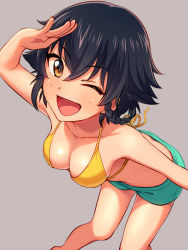 Rule 34 | 10s, 1girl, ;d, asada hachi, bikini, bikini top only, black hair, braid, breasts, butt crack, cleavage, commentary request, dutch angle, girls und panzer, grey background, hair between eyes, medium breasts, one eye closed, open mouth, pepperoni (girls und panzer), salute, short braid, side braid, simple background, single braid, smile, solo, standing, swimsuit, yellow bikini, yellow eyes