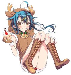 Rule 34 | 1girl, animal costume, antlers, artist request, ass, bell, blue hair, blush, boots, breasts, food, gloves, hinako note, horns, knee boots, looking at viewer, natsukawa kuina, no panties, pie, reindeer antlers, reindeer costume, simple background, small breasts, smile, solo, white background, yellow eyes