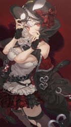 Rule 34 | 1girl, bare shoulders, belt, black belt, black gloves, black jacket, bow, breasts, brown thighhighs, closed mouth, commentary request, fingerless gloves, gloves, hair between eyes, hair ornament, highres, holding, holding mask, hololive, hood, hood up, hxxg, jacket, large breasts, looking at viewer, mask, unworn mask, miniskirt, plaid, plaid bow, plaid skirt, pleated skirt, red background, red bow, red eyes, red skirt, sakamata chloe, sakamata chloe (1st costume), shirt, silver hair, skirt, solo, standing, thighhighs, torn clothes, torn thighhighs, virtual youtuber, white shirt, x hair ornament