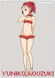 Rule 34 | 10s, 1girl, accel world, anklet, ascii media works, bare shoulders, barefoot, bikini, bow, character name, collarbone, female focus, flat chest, full body, hair bow, jewelry, kouzuki yuniko, legs, long legs, navel, ooyari ashito, red eyes, red hair, short twintails, solo, swimsuit, thighs, twintails