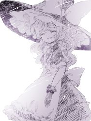 Rule 34 | 1girl, apron, back bow, black dress, black hat, bow, braid, closed mouth, commentary request, cowboy shot, dress, glove bow, gloves, hair bow, hat, hat bow, highres, kirisame marisa, long hair, monochrome, open mouth, puffy short sleeves, puffy sleeves, short sleeves, single braid, smile, solo, touhou, white background, white bow, witch hat, yurigaoka nayuki