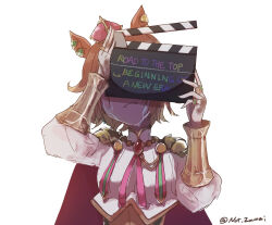 Rule 34 | 1girl, animal ears, cape, clapperboard, commentary request, cropped jacket, crown, crying, ear ornament, head tilt, highres, horse ears, horse girl, jewelry, kurauchi naya, long sleeves, mini crown, multiple rings, orange hair, pink cape, puffy sleeves, ring, short hair, simple background, solo, t.m. opera o (umamusume), twitter username, umamusume, umamusume: beginning of a new era, umamusume: road to the top, upper body, white background