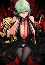 Rule 34 | 1girl, absurdres, ahoge, aqua hair, bare shoulders, black dress, black gloves, breasts, cleavage, commentary request, crossed legs, de lacey (neural cloud), dress, girls&#039; frontline, girls&#039; frontline neural cloud, gloves, hair between eyes, heart, highres, huge breasts, looking at viewer, mechanical tail, mole, mole under mouth, nznzn, sitting, smile, solo, symbol-shaped pupils, tail, thighhighs