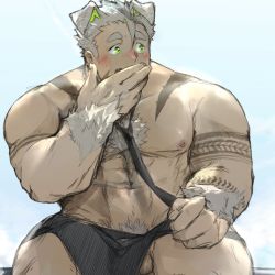 Rule 34 | 1boy, abs, absurdres, animal ears, apron, arm hair, bad id, bad twitter id, bara, bare pectorals, blush, body fur, bulge, butler, chest hair, clothes lift, dog boy, dog ears, facial hair, goatee, gomeisa (live a hero), green eyes, grey hair, hand to own mouth, highres, large pectorals, lifting own clothes, live a hero, long sideburns, male focus, male pubic hair, muscular, muscular male, naked apron, navel, necktie, nipples, onyu (onyu 25), pectorals, penis, penis peek, pubic hair, revealing clothes, short hair, sideburns, sitting, solo, stomach, tattoo, thick thighs, thighs, tribal tattoo, waist apron