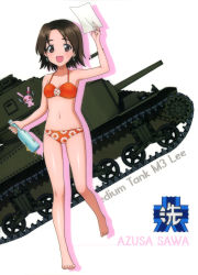Rule 34 | 10s, 1girl, :d, absurdres, arm up, barefoot, bikini, bottle, breasts, brown eyes, brown hair, caterpillar tracks, character name, cleavage, collarbone, earrings, emblem, full body, girls und panzer, highres, holding, holding bottle, jewelry, looking at viewer, m3 lee, military, military vehicle, mismatched bikini, motor vehicle, navel, ooarai (emblem), open mouth, orange bikini, sawa azusa, shiny skin, short hair, simple background, small breasts, smile, solo, standing, swimsuit, tank, white background