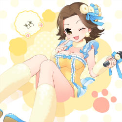 Rule 34 | 1girl, ;d, arm warmers, blue footwear, blue ribbon, breasts, brown eyes, brown hair, cleavage, dog, dress, feet out of frame, frills, hair ornament, hair ribbon, holding, holding microphone, idolmaster, idolmaster cinderella girls, microphone, mole, mole on breast, ohta yuu, one eye closed, open mouth, pointing, pointing at self, ribbon, rio (usagiya), short hair, simple background, sitting, smile, solo, thighs, white legwear, yellow dress