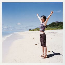 Rule 34 | a piacere, asian, beach, female focus, highres, photo (medium), sandals, shorts, stretching, tank top, ueno juri