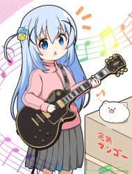 Rule 34 | 1girl, angora rabbit, animal, beamed eighth notes, beamed sixteenth notes, blue eyes, blue hair, bocchi the rock!, box, cardboard box, commentary request, cosplay, cube hair ornament, eighth note, electric guitar, gochuumon wa usagi desu ka?, gotoh hitori (cosplay), gotoh hitori, grey skirt, guitar, hair ornament, highres, holding, holding instrument, instrument, jacket, kafuu chino, long hair, manga time kirara, mitya, musical note, notice lines, one side up, open mouth, parted lips, pink jacket, pleated skirt, rabbit, skirt, tippy (gochiusa), track jacket, translation request, very long hair, white background, x hair ornament