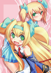 Rule 34 | 2girls, absurdres, bare shoulders, blazblue, blonde hair, cosplay, green eyes, hairband, heart, heart-shaped pupils, highres, multiple girls, noel vermillion, noel vermillion (cosplay), non-web source, official art, open mouth, platinum the trinity, platinum the trinity (cosplay), symbol-shaped pupils, twintails, two side up