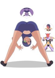 Rule 34 | 1boy, 1girl, absurdres, angry, ass, bike shorts, blue hair, body switch, breasts, brown eyes, captain ginyu, dark-skinned female, dark skin, dragon ball, dragonball z, earrings, green-tinted eyewear, grin, highres, ijiranaide nagatoro-san, jewelry, kchic99, long hair, looking at another, looking at viewer, nagatoro hayase, personality switch, scouter, shoes, shorts, simple background, smile, smirk, tagme, thighs, tinted eyewear, white background