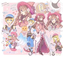 Rule 34 | !, !!, ..., 1boy, 1girl, :d, alice (rune factory), ares (rune factory), armband, armor, black gloves, black pantyhose, blonde hair, blue armband, blue eyes, blue headwear, blue necktie, blue pants, blue socks, blush, boots, border, bow, braid, brown hair, clenched hands, collared shirt, commentary request, cropped torso, dated, detached collar, detached sleeves, dress, finger to mouth, fishnet top, fishnets, flower, frilled dress, frills, full body, gloves, hair flower, hair ornament, hand up, hands on own cheeks, hands on own face, hands up, hat, heart, heart-shaped pupils, index finger raised, kitsune, kyuubi, long hair, long sleeves, looking at viewer, ludmila (rune factory), mini mamu, multiple tails, multiple views, necktie, one eye closed, open mouth, pants, pantyhose, peaked cap, pink background, pink dress, pink sleeves, pointy ears, pumpkin hat, purple eyes, red headwear, riding, riding animal, rune factory, rune factory 5, shirt, short hair, shoulder armor, smile, socks, spoken ellipsis, standing, surprised, symbol-shaped pupils, tail, translation request, twin braids, very long hair, white border, white flower, white footwear, white shirt, witch hat, yellow pupils