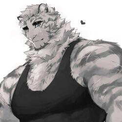 Rule 34 | 1boy, animal ears, arknights, bara, black tank top, blue eyes, facial hair, furry, furry male, goatee, heart, highres, l m00g, large pectorals, light smile, looking at viewer, mature male, mountain (arknights), muscular, muscular male, pectorals, scar, scar across eye, scar on arm, short hair, smile, solo, tank top, thick eyebrows, tiger boy, tiger ears, upper body, white hair