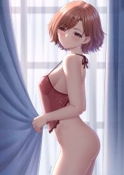 Rule 34 | 1girl, blush, bottomless, breasts, brown eyes, brown hair, closed mouth, cowboy shot, curtains, from side, hair ornament, hairclip, halterneck, highres, higuchi madoka, idolmaster, idolmaster shiny colors, looking at viewer, looking to the side, medium breasts, mole, mole under eye, satomi (745684552), see-through silhouette, short hair, solo, standing