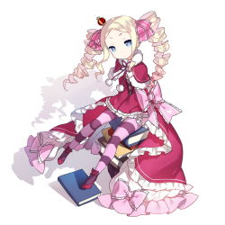 Rule 34 | 10s, 1girl, beatrice (re:zero), blonde hair, blue eyes, bug, butterfly, butterfly-shaped pupils, crown, drill hair, full body, insect, long hair, looking at viewer, mini crown, pantyhose, re:zero kara hajimeru isekai seikatsu, saru, solo, striped clothes, striped pantyhose, symbol-shaped pupils, twin drills