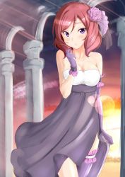 Rule 34 | 10s, 1girl, asymmetrical gloves, bare shoulders, blush, breasts, cleavage, cowboy shot, dress, elbow gloves, flower, frilled thighhighs, frills, gloves, hair flower, hair ornament, looking at viewer, love live!, love live! school idol festival, love live! school idol project, medium breasts, mismatched gloves, nishikino maki, purple eyes, purple gloves, purple thighhighs, red hair, ruffling hair, short hair, single thighhigh, solo, thighhighs, twilight, ukkii