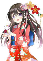 Rule 34 | 1girl, :d, animal, black hair, blush, chinese zodiac, commentary request, floral background, floral print, hair between eyes, hair ornament, highres, holding, holding animal, japanese clothes, kimono, long hair, long sleeves, looking at viewer, massala, mouse (animal), obi, open mouth, original, print kimono, purple eyes, red kimono, sash, smile, solo, very long hair, white background, wide sleeves, year of the rat