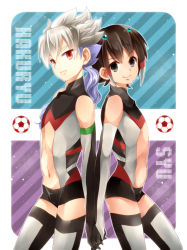 Rule 34 | 2boys, adapted costume, back-to-back, ball, character name, elbow gloves, gloves, hair ornament, hakuryuu (inazuma eleven), holding hands, inazuma eleven (series), inazuma eleven go, kunreishiki, long hair, male focus, multicolored hair, multiple boys, navel, romaji text, short hair, shuu (inazuma eleven), smile, soccer ball, soccer uniform, sportswear, telstar, thighhighs, two-tone hair, white background, yupopo (hidame), zero (inazuma eleven)
