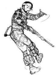 Rule 34 | 1boy, 30-30 repeater, apex legends, beard, belt, bodysuit, conto, facial hair, finger gun, goatee, goggles, goggles on head, greyscale, gun, hair behind ear, highres, holding, holding gun, holding weapon, male focus, mirage (apex legends), monochrome, open mouth, pointing, rifle, sketch, solo, weapon, white background