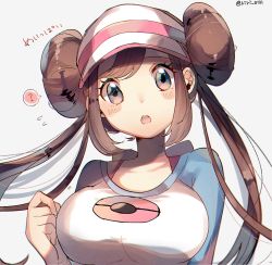 Rule 34 | 1girl, ?, artist name, blue eyes, blush, breasts, brown hair, creatures (company), double bun, female focus, flying sweatdrops, game freak, grey background, hair bun, hand up, hat, japanese text, large breasts, looking at viewer, nintendo, open mouth, pink hat, poke ball theme, pokemon, pokemon bw2, ririmon, rosa (pokemon), shirt, simple background, solo, speech bubble, translation request, twintails, twitter username, upper body, visor cap, white shirt