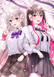 Rule 34 | 2girls, :d, arm up, black neckwear, black skirt, blush, bow, bowtie, brown hair, brown skirt, cherry blossoms, choker, collared shirt, earrings, flower, grey hair, hair flower, hair ornament, hand up, highres, jewelry, locked arms, long hair, long sleeves, looking at viewer, multicolored hair, multiple girls, open mouth, original, pink eyes, pink flower, plaid, plaid skirt, pleated skirt, purple neckwear, rangu, school uniform, shirt, skirt, smile, standing, tree, two-tone hair, v, white shirt