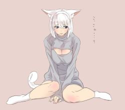 Rule 34 | 10s, 1girl, animal ears, artist request, warrior of light (ff14), blue eyes, blush, breasts, cat ears, cat tail, cleavage, cleavage cutout, clothing cutout, final fantasy, final fantasy xiv, full body, looking away, meme attire, miqo&#039;te, open-chest sweater, potion lilac(popopotionu), sitting, smile, socks, solo, sweater, tail, text focus, white hair, white socks